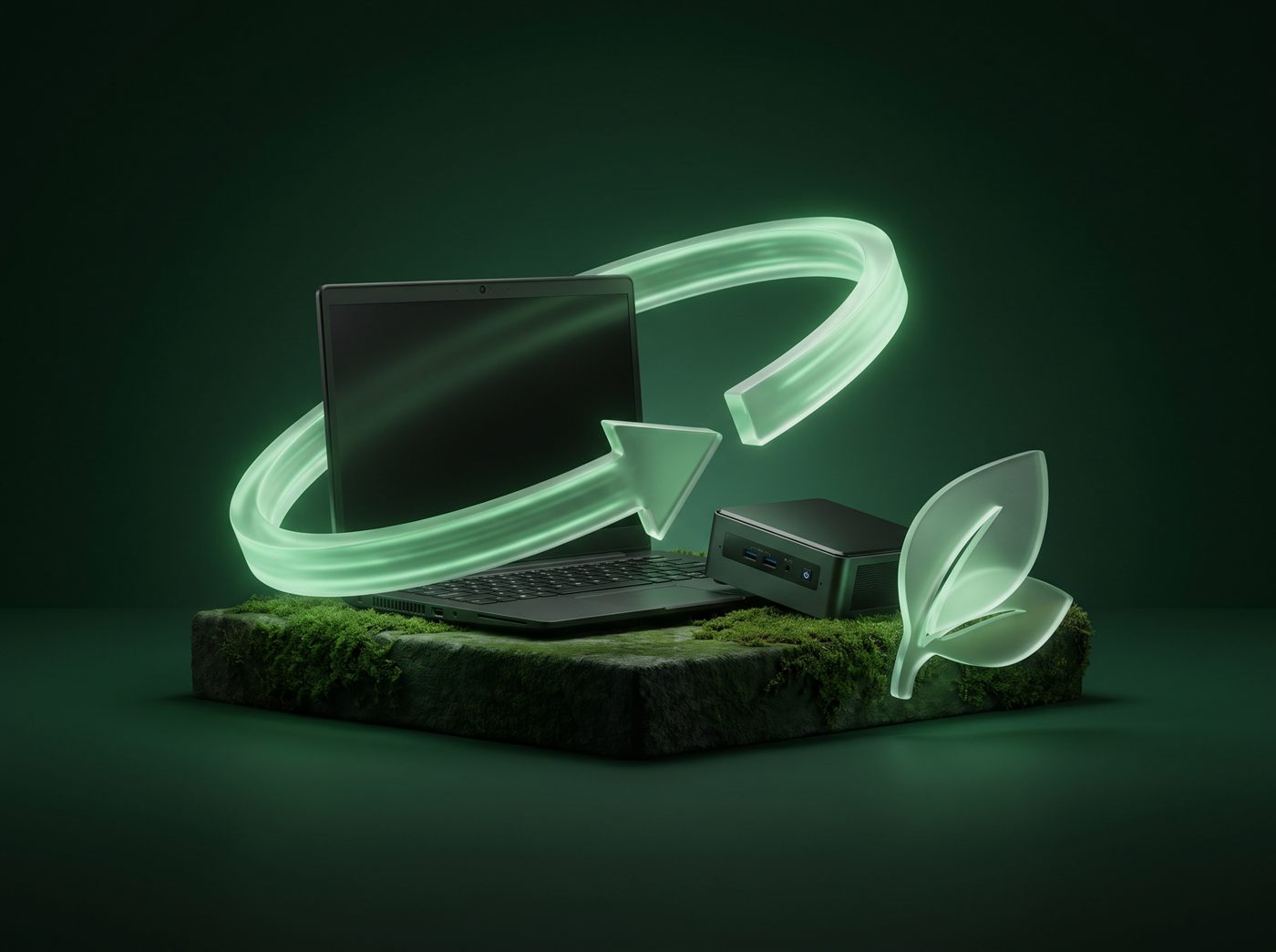 Laptop und Mini-PC mit grünem Kreislauf-Symbol als Sinnbild für Nachhaltigkeit