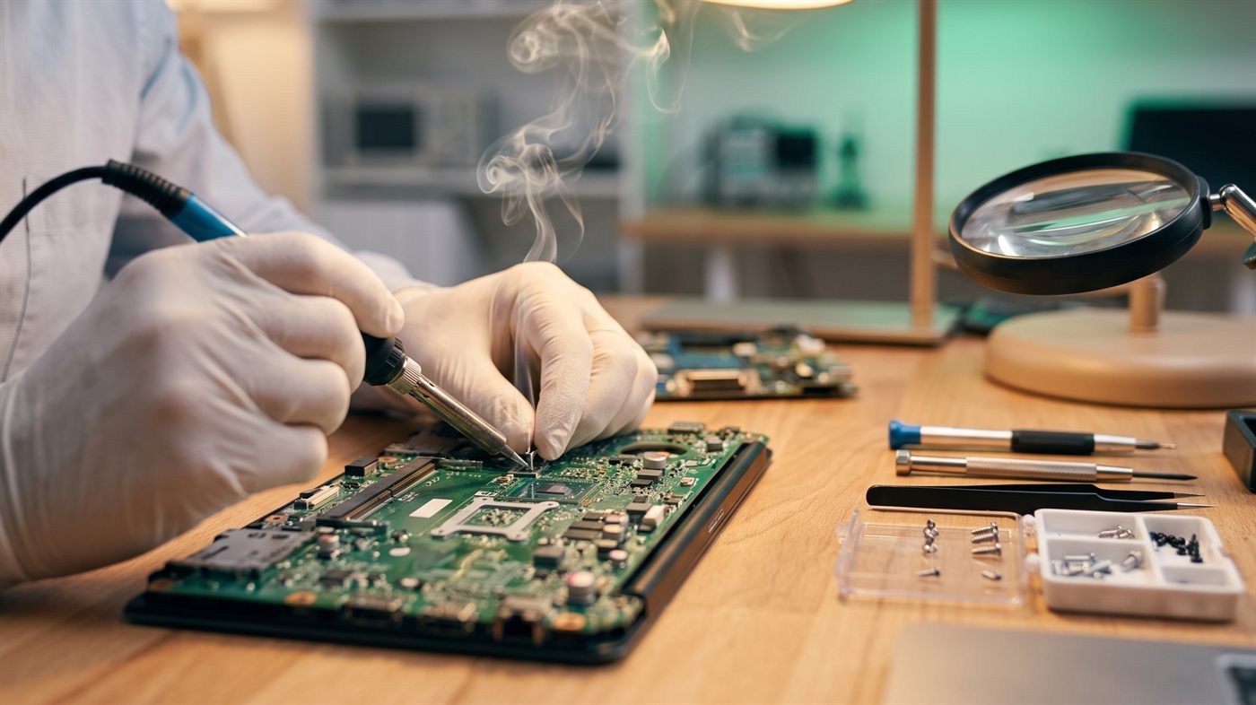 Techniker lötet an der Platine eines Laptops in der ReWerk-Werkstatt